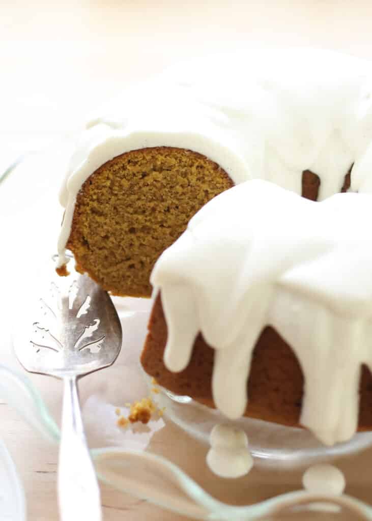 Pumpkin Bundt Cake with Vanilla Bean Icing {traditional and gluten free recipes} by Barefeet In The Kitchen