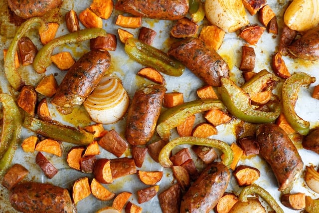 Sheet Pan Roasted Sausage with Sweet Potatoes and Peppers - recipe at barefeetinthekitchen.com
