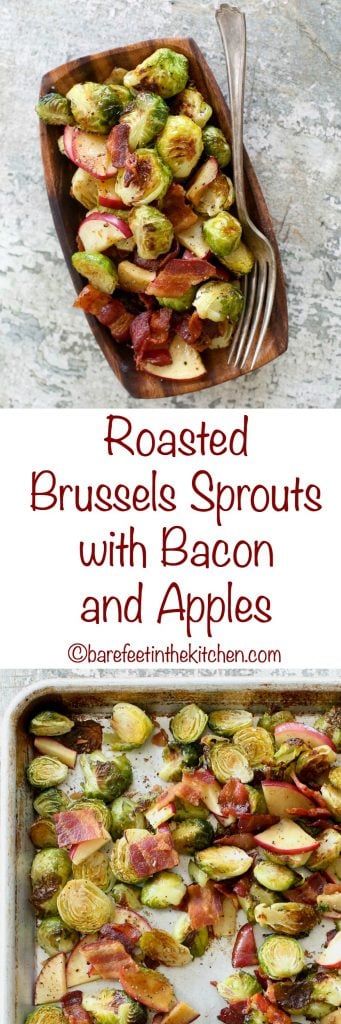Salty bacon, sweet apples, and caramelized Brussels sprouts are combined in this outstanding side dish of Roasted Brussels Sprouts with Apples and Bacon. Get the recipe at barefeetinthekitchen.com