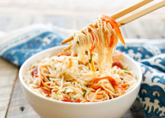 Sweet and Sour Noodle Bowls are an easy weeknight dinner that everyone loves! get the recipe at barefeetinthekitchen.com