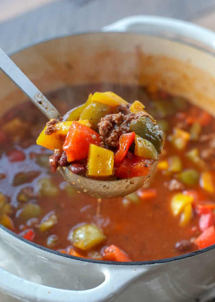 "Un-Stuffed" Bell Pepper Soup is filled with fresh peppers, beef, and loads of great flavor! Get the recipe at barefeetinthekitchen.com