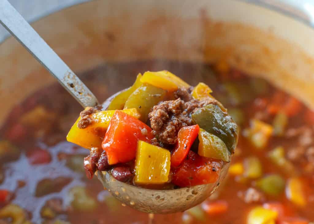 Un-Stuffed Bell Pepper Soup is a hearty favorite for a chilly day! get the recipe at barefeetinthekitchen.com