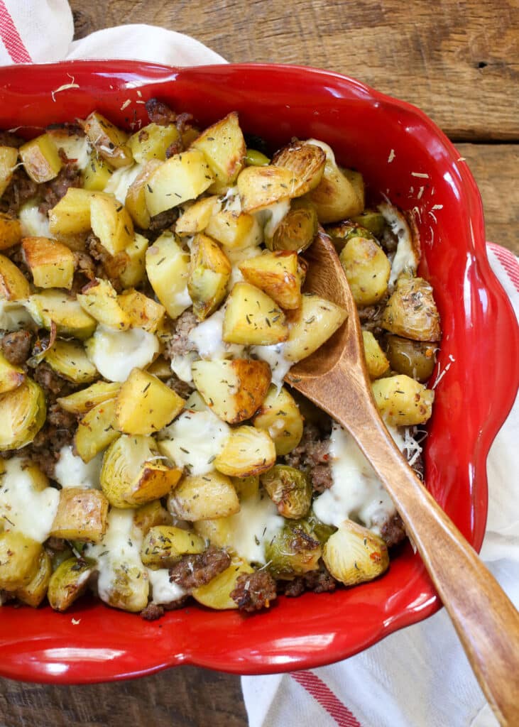 Roasted Potatoes, Brussels, Sausage - Get the recipe at barefeetinthekitchen.com