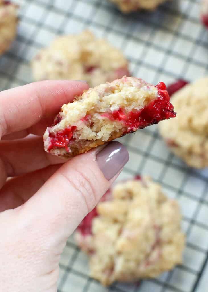 Raspberry Scone Cookies are tender, not-too-sweet scones that you will not be able to resist. Get the recipe at barefeetinthekitchen.com