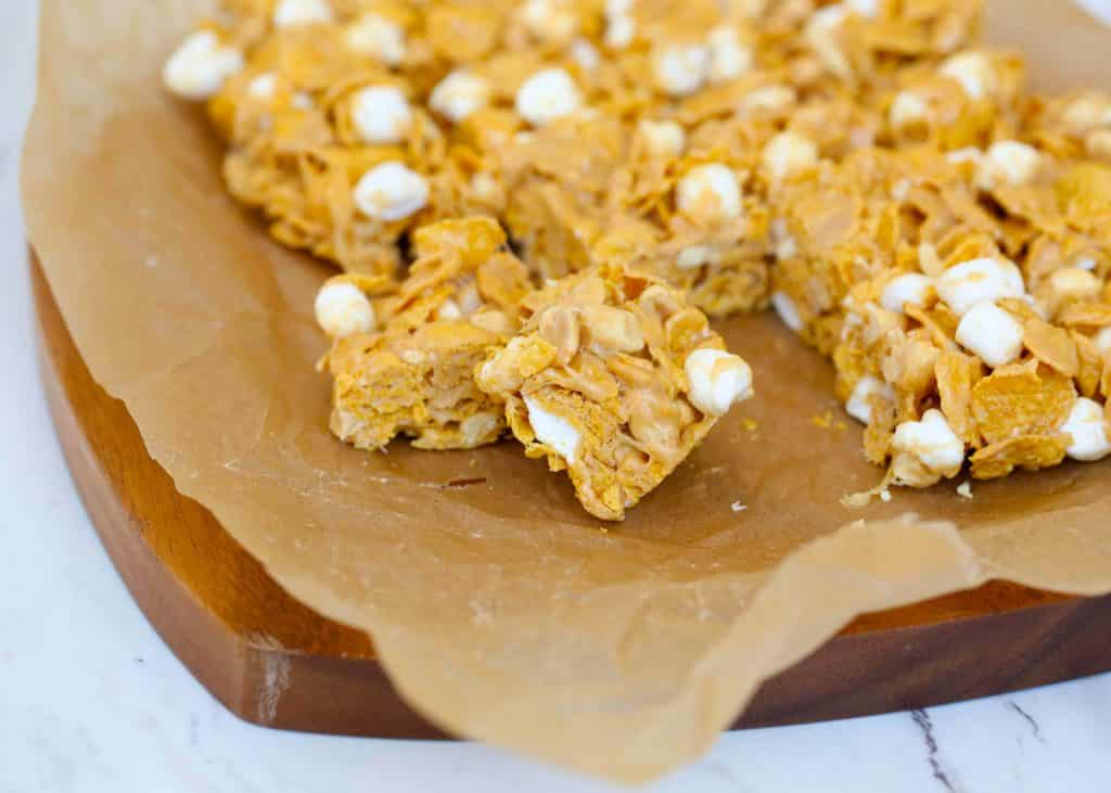 Chewy Peanut Butter Marshmallow Cereal Bars - get the recipe at barefeetinthekitchen.com