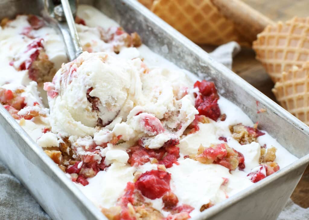 Strawberry Crisp Ice Cream is a summer dream come true! get the recipe at barefeetinthekitchen.com