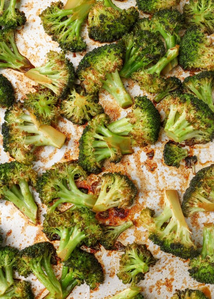 honey roasted broccoli with sriracha on sheet pan