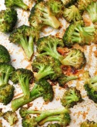 broccoli with sriracha and honey roasted on baking sheet