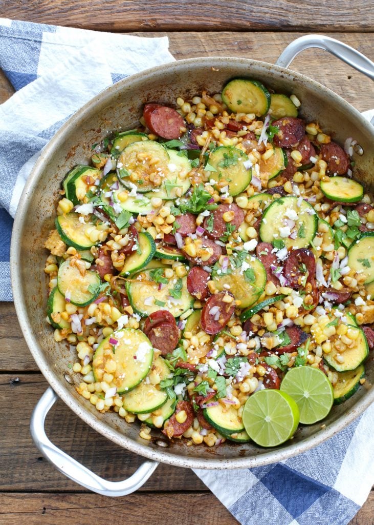 Skillet Mexican Street Corn with Squash and Kielbasa - get the recipe at barefeetinthekitchen.com