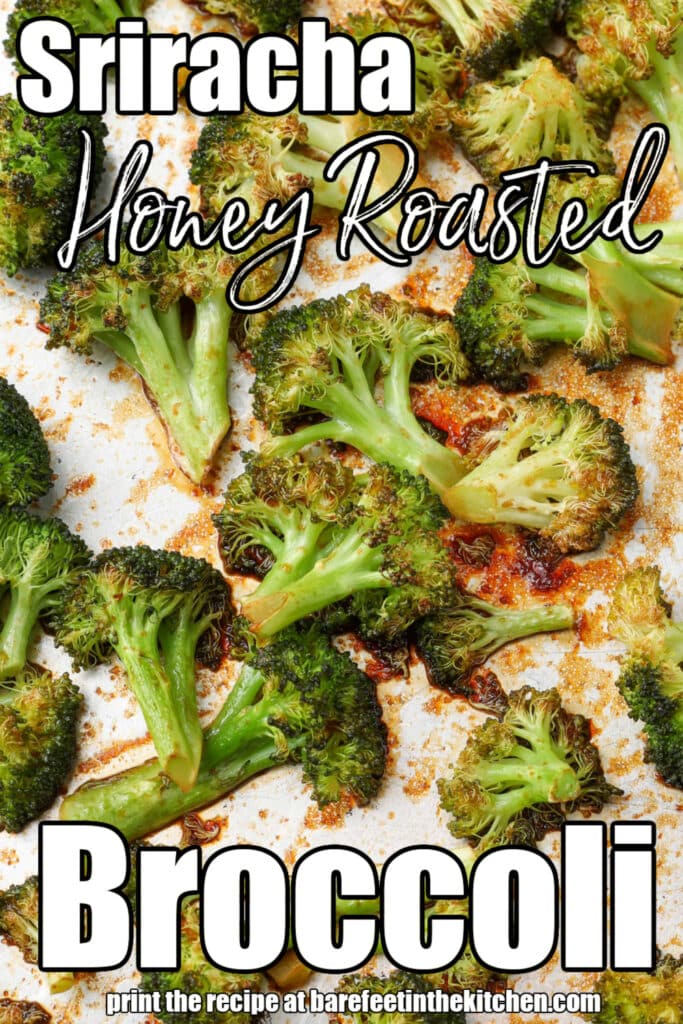 close up of honey roasted broccoli on sheet pan