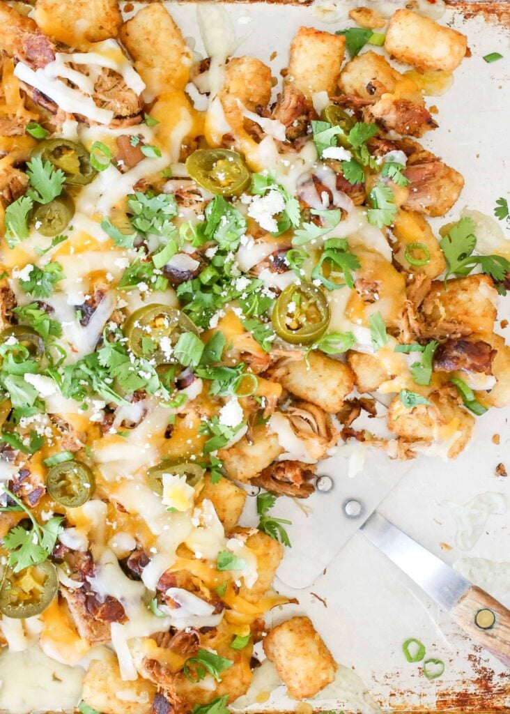 Tater Tots with Crispy Pulled Pork and Cheese
