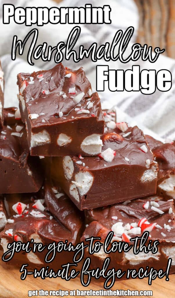 Candy Cane Fudge with marshmallows stacked with striped napkin