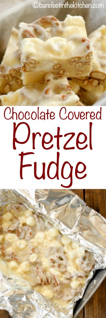 A chocolate covered pretzel fudge is a sweet and savory holiday treat that everyone loves!  Get the recipe at barefeetinthekitchen.com