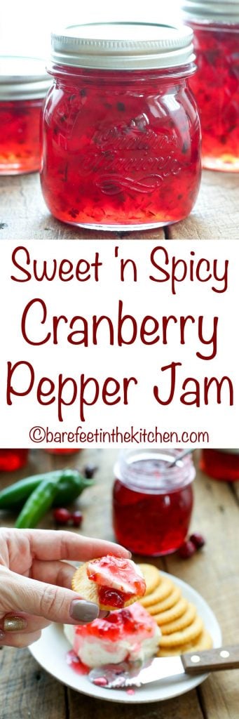 Sweet 'n Spicy Cranberry Pepper Jam is totally irresistible! Get the recipe at barefeetinthekitchen.com