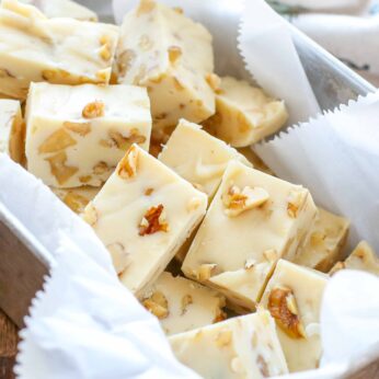 Rich and creamy vanilla fudge filled with walnuts