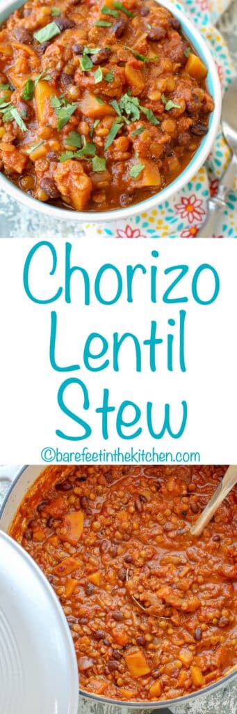 Chorizo Lentil Stew is a hearty, spicy meal that will warm you up on the coldest of nights - get the recipe at barefeetinthekitchen.com