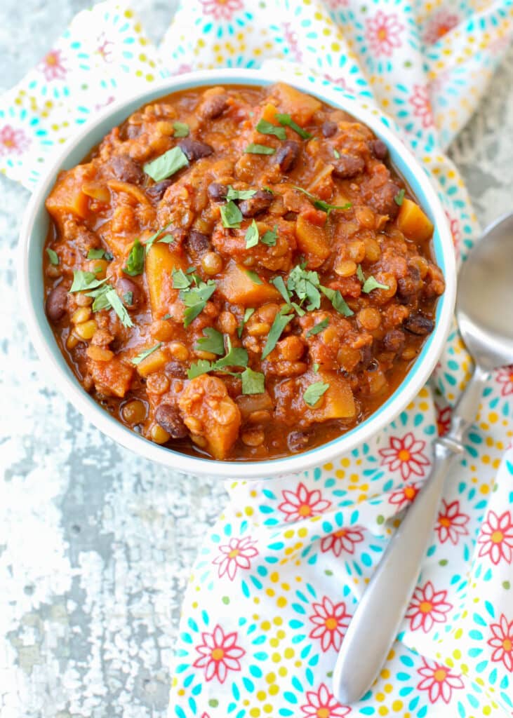 Chorizo Lentil Stew with Butternut Squash and Chipotle Peppers - get the recipe at barefeetinthekitchen.com
