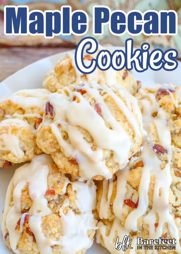 close up of maple cookies on white plate on wooden table with text overlay - 8