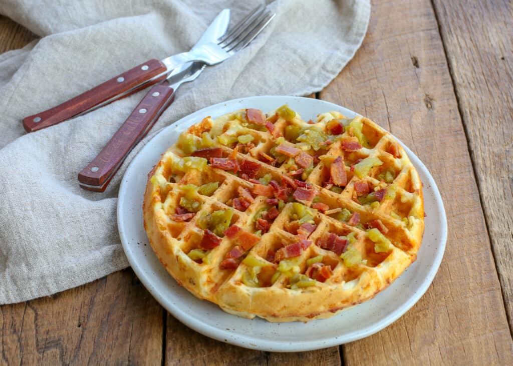 Cheddar Bacon Green Chile Waffles - get the recipe at barefeetinthekitchen.com