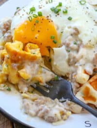 Cheddar Chive Waffles with the Best Ever Sausage Gravy! get the recipe at barefeetinthekitchen.com