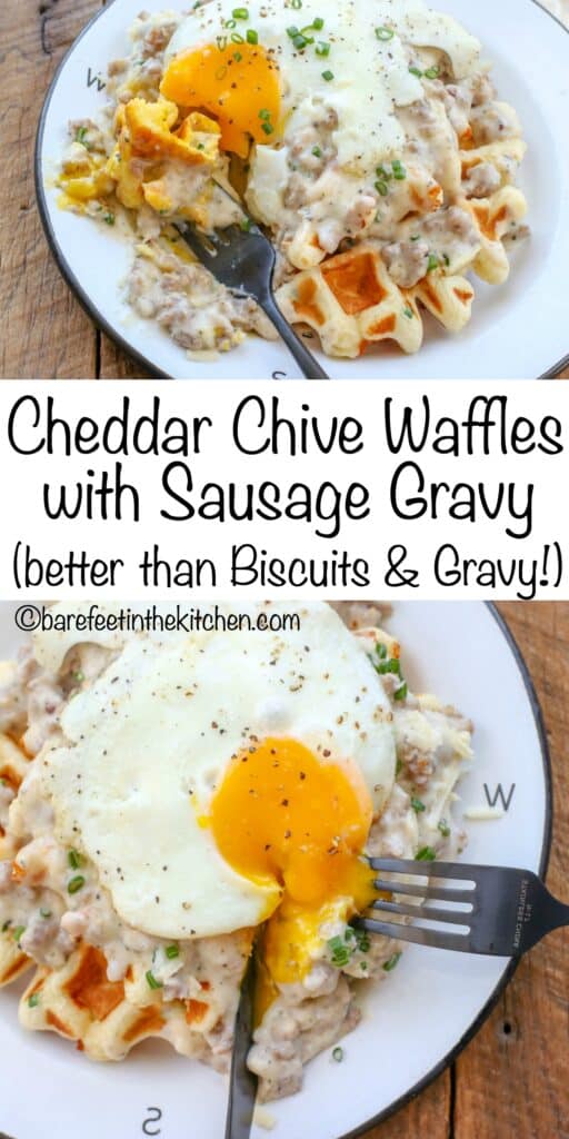 Cheddar Chive Waffles with Sausage Gravy are an unforgettable breakfast! get the recipe at barefeetinthekitchen.com