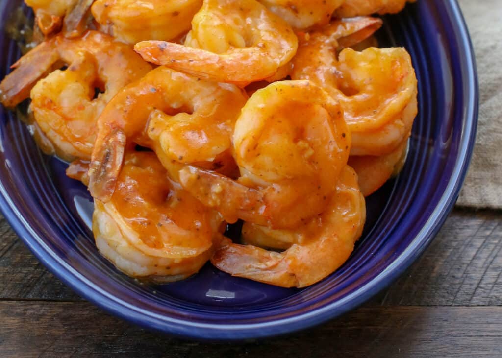 Spicy Orange Garlic Shrimp - recipe at barefeetinthekitchen.com