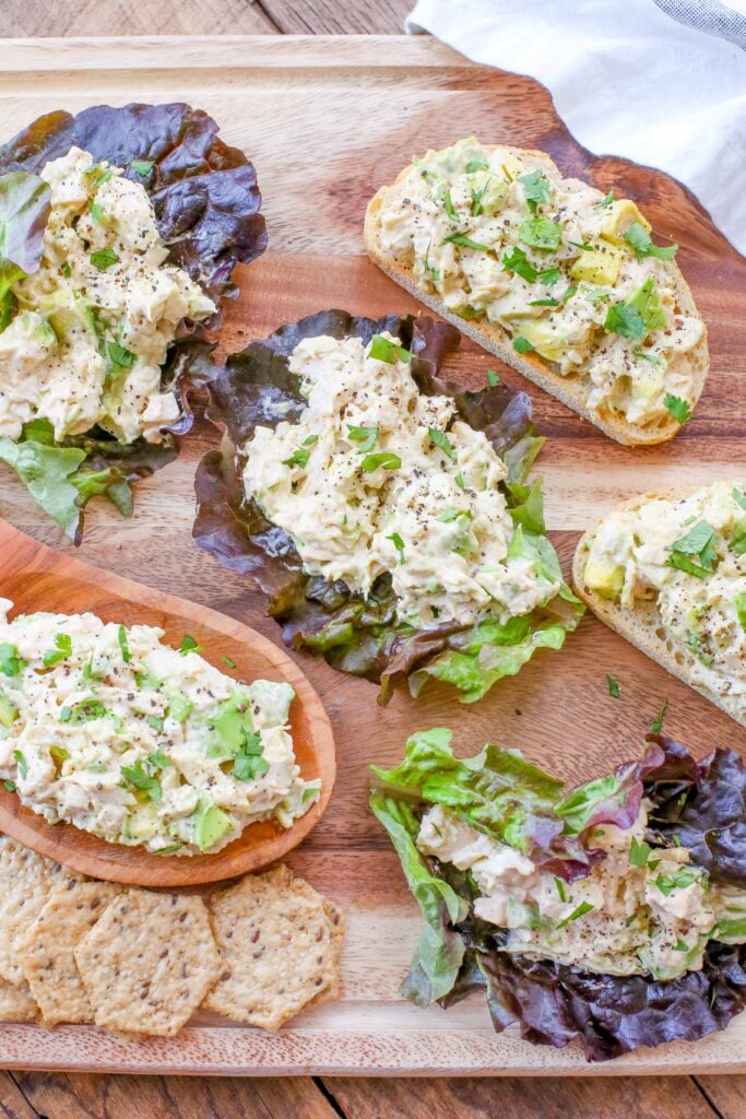 Avocado Chicken Salad served on toast, with crackers, or in lettuce cups