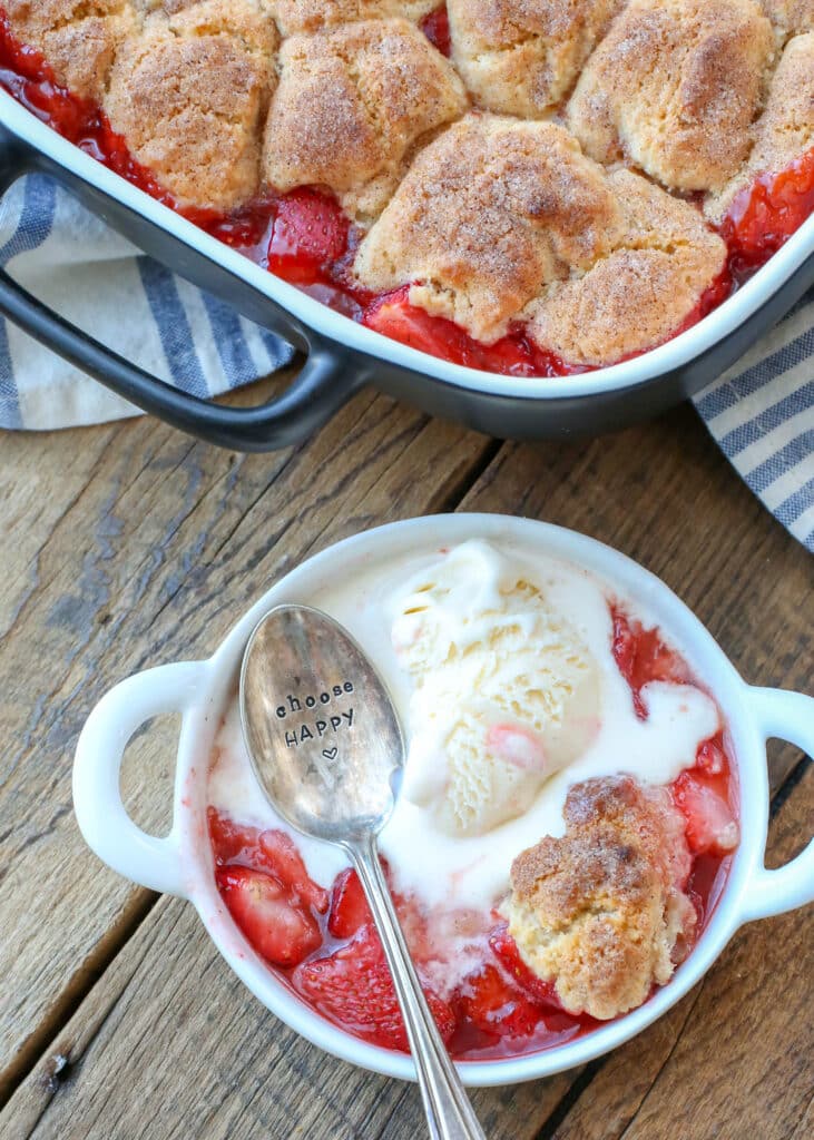 Strawberry Cobbler with Vanilla Ice Cream - get the recipe at barefeetinthekitchen.com
