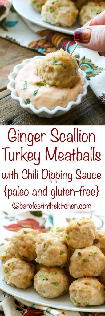 Ginger Scallion Turkey Meatballs with Chili Dipping Sauce - get the recipe at barefeetinthekitchen.com