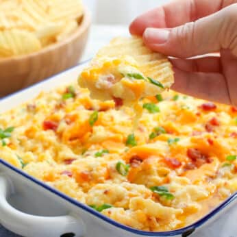 Twice Baked Potato Dip is a huge hit for every party! get the recipe at barefeetinthekitchen.com