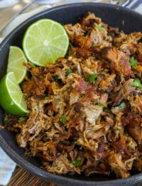 Pork Carnitas made in the crock-pot are a time saving way to get all that awesome carnitas flavor with a minimum of effort! - get the recipe at barefeetinthekitchen