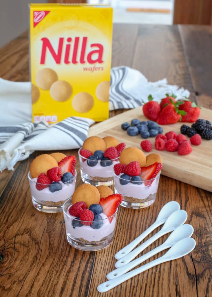 NILLA wafers and Berry Cheesecake Mousse Cups make a terrific Easter dessert. Get the recipe at barefeetinthekitchen.com