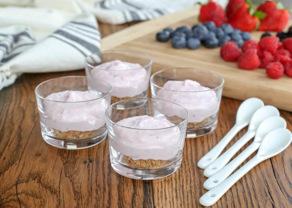 Berry Cheesecake Mousse Cups are an Easter favorite! get the recipe at barefeetinthekitchen.com