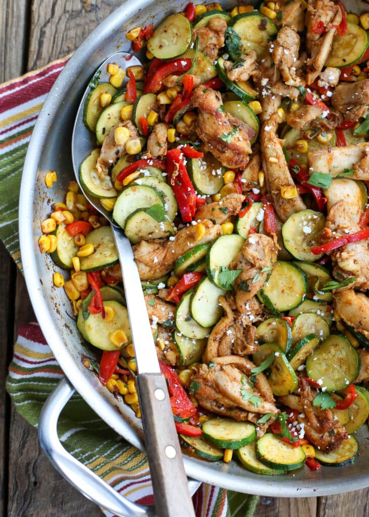 Southwest Chicken Skillet is an irresistible lunch and dinner option from The Weekday Lunches & Breakfasts Cookbook! get the recipe at barefeetinthekitchen.com