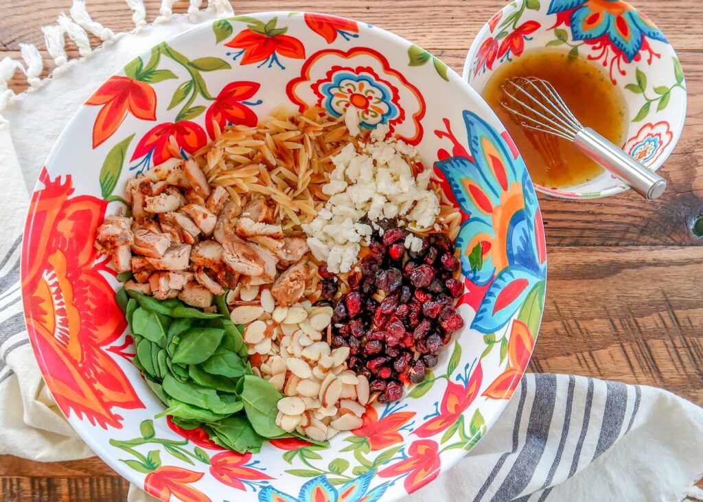 Spinach Orzo Salad with almonds and cranberries