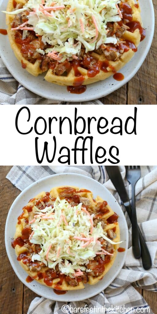 Cornbread Waffles topped with pulled pork and coleslaw are a hearty dinner you'll want to try this fall! get the recipes at barefeetinthekitchen.com 