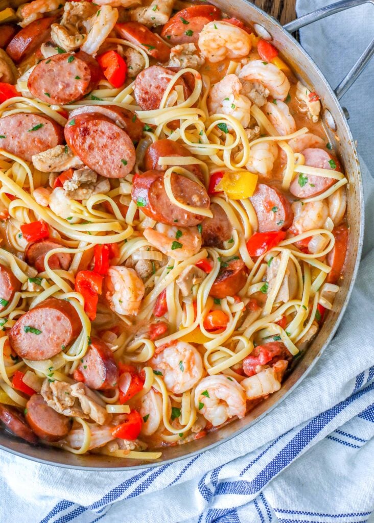 Saucy Pasta with Peppers, Kielbasa, Shrimp, and Chicken