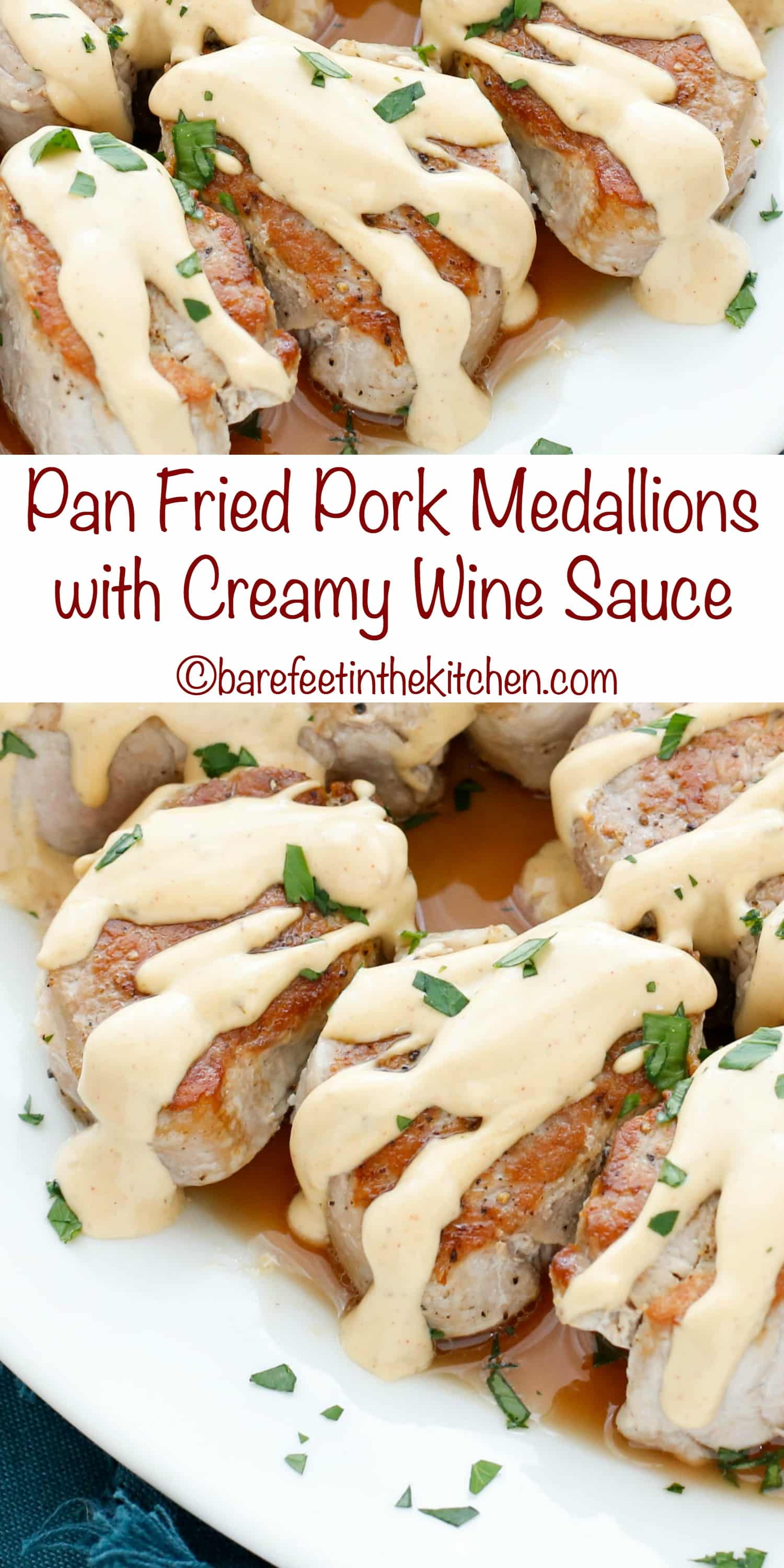 Pan Fried Pork Medallions in a Creamy Wine Sauce are a quick and easy 25 minute minute dinner that you're going to love! get the recipe at barefeetinthekitchen.com
