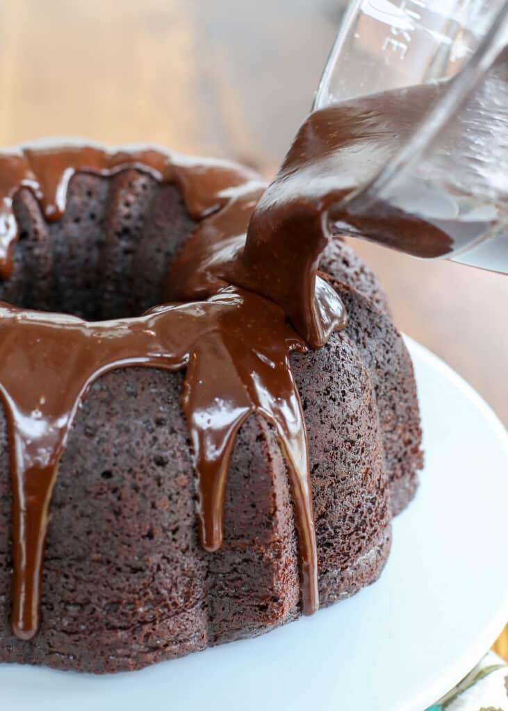 Chocolate cake in a bowl with irresistible pourable frosting!