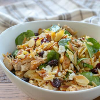 Spinach Pasta Salad with Cranberries, Almonds, and Goat Cheese - get the recipe at barefeetinthekitchen.com