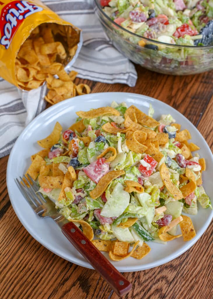 The BEST Taco Salad has unexpected ingredients! get the recipe at barefeetinthekitchen.com