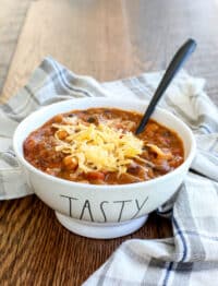 Hearty Steak Chili with five beans and sausage - get the recipe at barefeetinthekitchen.com