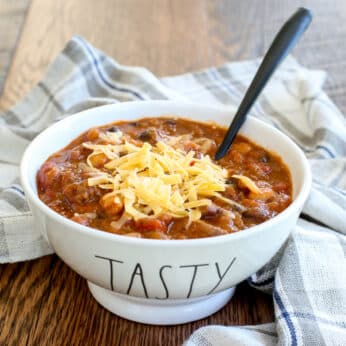 Hearty Steak Chili with five beans and sausage - get the recipe at barefeetinthekitchen.com