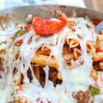 Cheesy Pizza Pasta Bake with pepperoni, sausage, peppers, mushrooms, and onions has our favorite supreme pizza flavors in an awesome bowl of pasta!