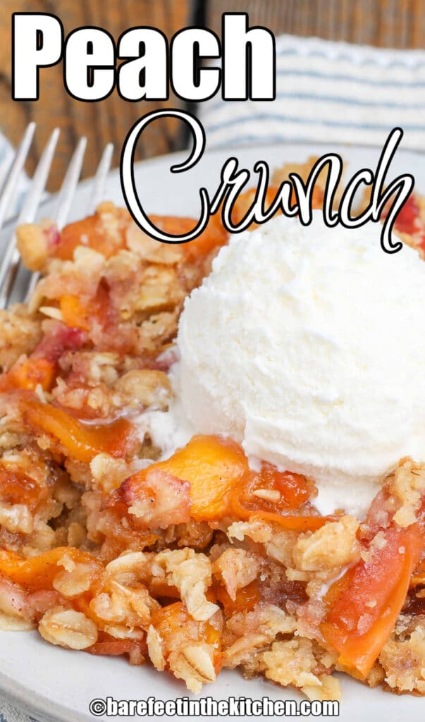Oatmeal crisp topped peaches with ice cream