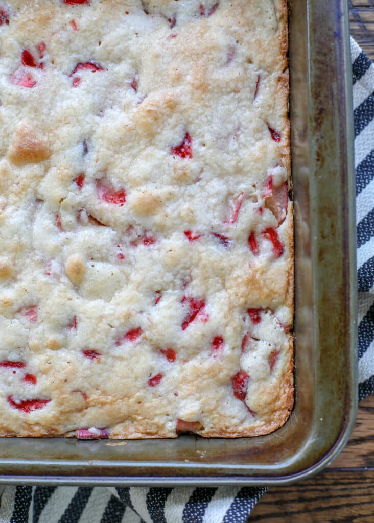 Rhubarb and strawberries are a perfect match in this cake.