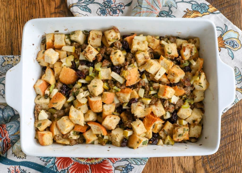 Sausage Stuffing with apples, cranberries, and herbs