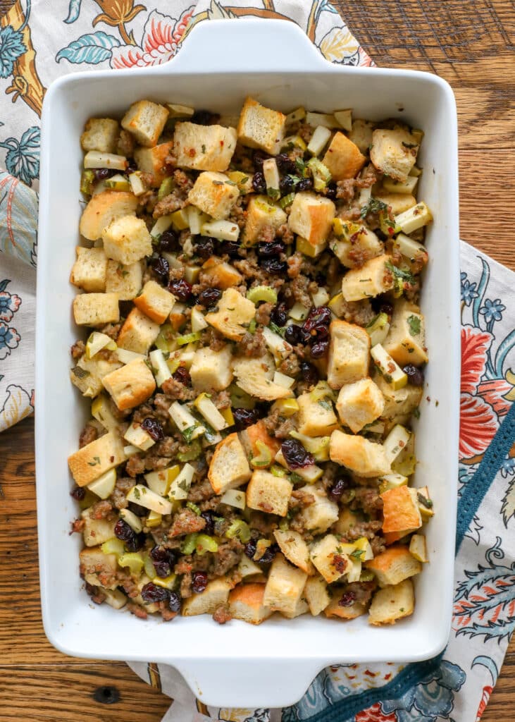 Sourdough sausage stuffing with apples, cranberries, and herbs