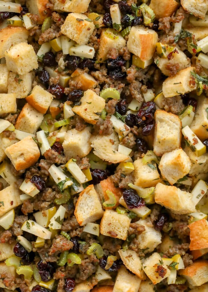 Sourdough stuffing with apples, cranberries, sausage, and herbs