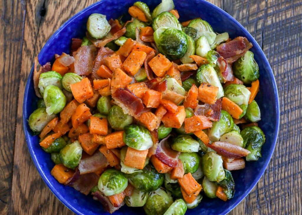 Roasted Sweet Potatoes with Brussels Sprouts and Bacon
